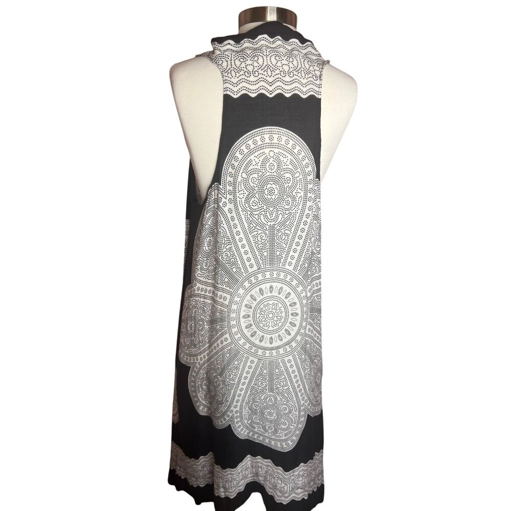 Black & White Mandala Printed Open Front Racer Back Cardigan Duster Tassel Boho